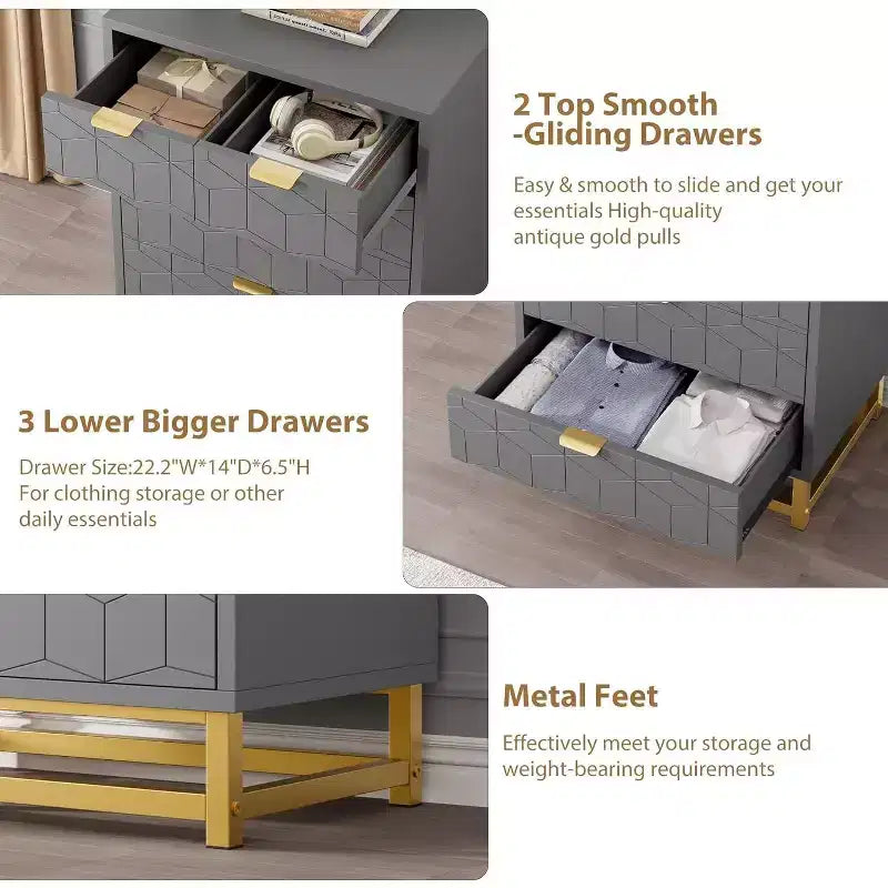 Commode à 5 tiroirs pour chambre à coucher, commode avec base en métal, armoire de rangement moderne pour salon, couloir, placard