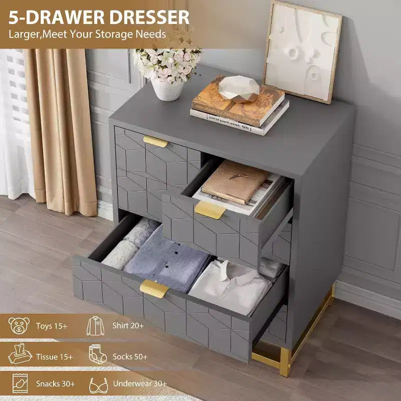Commode à 5 tiroirs pour chambre à coucher, commode avec base en métal, armoire de rangement moderne pour salon, couloir, placard