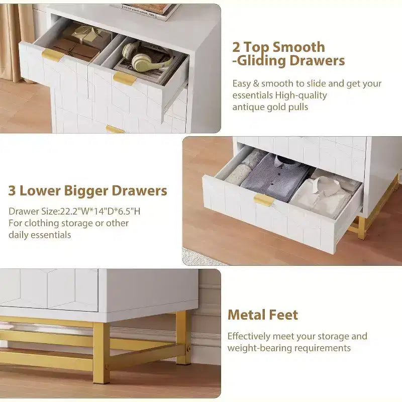 Commode à 5 tiroirs pour chambre à coucher, commode avec base en métal, armoire de rangement moderne pour salon, couloir, placard