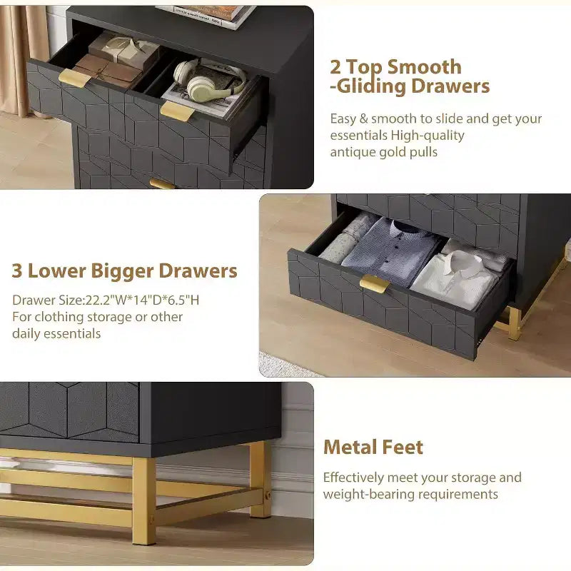 Commode à 5 tiroirs pour chambre à coucher, commode avec base en métal, armoire de rangement moderne pour salon, couloir, placard
