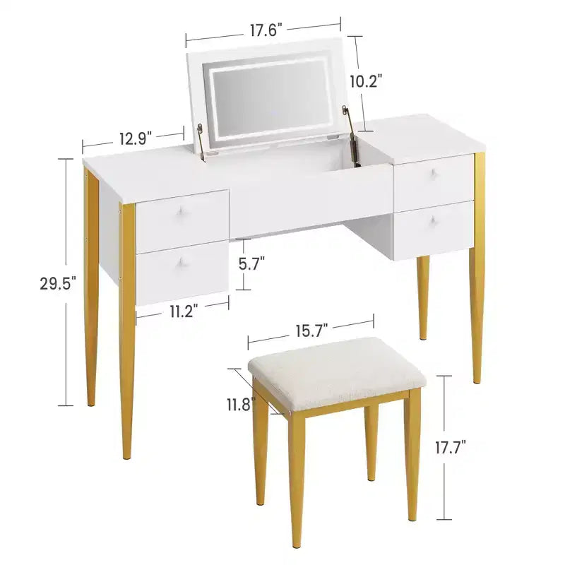 Table de maquillage GustoWave avec miroir et lumières, Coiffeuse 3 en 1 avec miroir éclairé, 3 modes d'éclairage, Coiffeuse à rabat avec tabouret