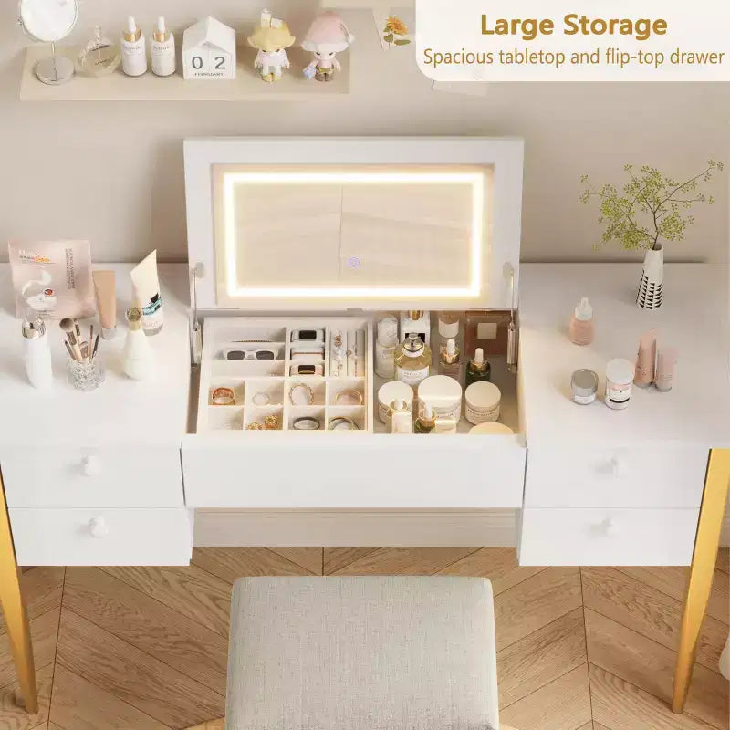 Table de maquillage GustoWave avec miroir et lumières, Coiffeuse 3 en 1 avec miroir éclairé, 3 modes d'éclairage, Coiffeuse à rabat avec tabouret