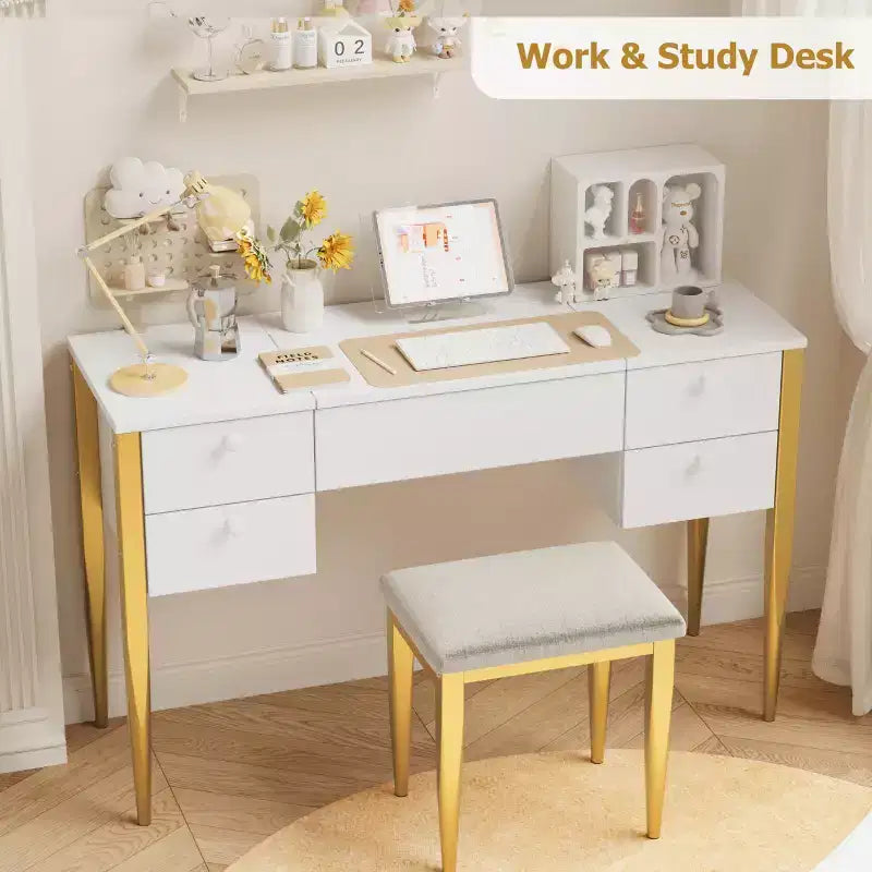 Table de maquillage GustoWave avec miroir et lumières, Coiffeuse 3 en 1 avec miroir éclairé, 3 modes d'éclairage, Coiffeuse à rabat avec tabouret