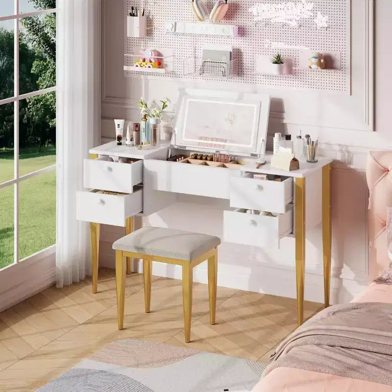 Table de maquillage GustoWave avec miroir et lumières, Coiffeuse 3 en 1 avec miroir éclairé, 3 modes d'éclairage, Coiffeuse à rabat avec tabouret