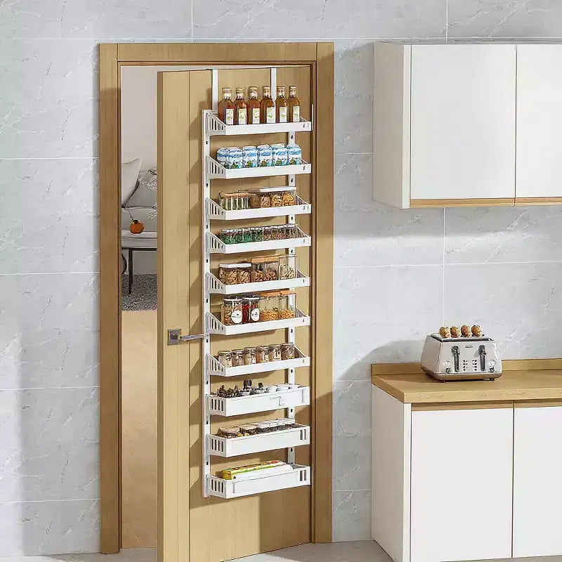Scaffalatura per porta in metallo a 10 ripiani, da appendere, con cestello regolabile, organizer da porta, organizer da appendere per bagno, cucina