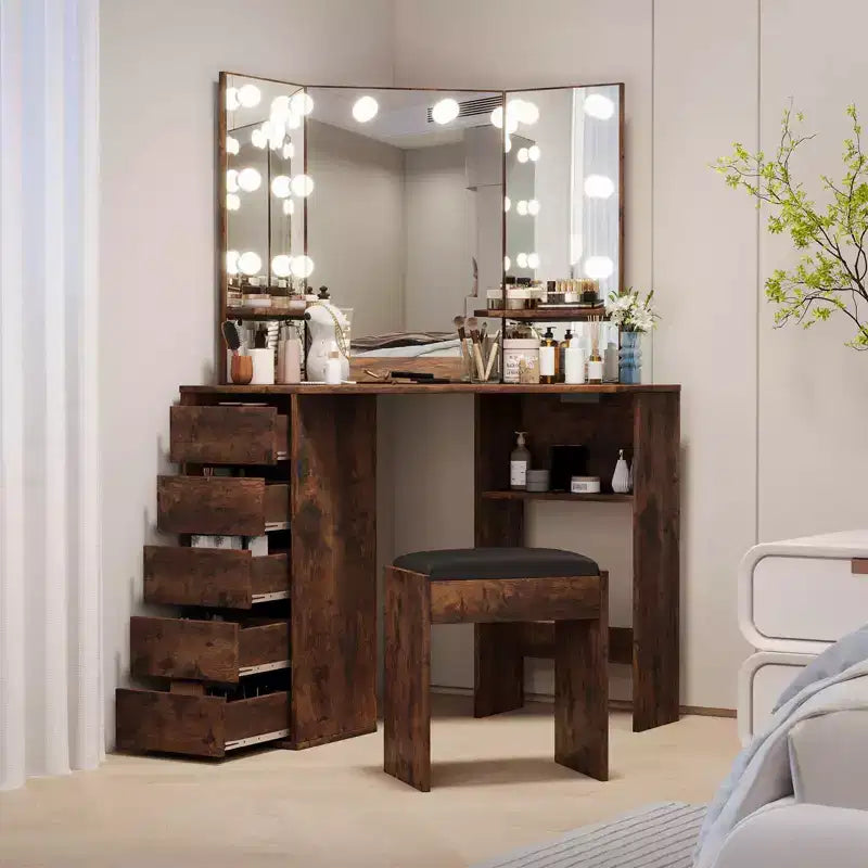 Coiffeuse d'angle et tabouret GustoWave, coiffeuse d'angle avec miroir et lumières, coiffeuse d'angle avec prise de courant, 3 couleurs de lumière