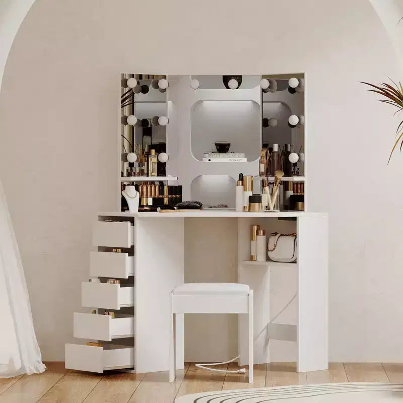 Coiffeuse d'angle et tabouret GustoWave, coiffeuse d'angle avec miroir et lumières, coiffeuse d'angle avec prise de courant, 3 couleurs de lumière