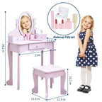 Coiffeuse Enfant avec Miroir et Tabouret, Table de Maquillage en Bois pour Filles de 4 à 9 Ans, Meuble de Chambre et Salle de Jeux pour Enfants