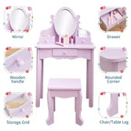 Coiffeuse Enfant avec Miroir et Tabouret, Table de Maquillage en Bois pour Filles de 4 à 9 Ans, Meuble de Chambre et Salle de Jeux pour Enfants