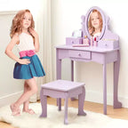 Coiffeuse Enfant avec Miroir et Tabouret, Table de Maquillage en Bois pour Filles de 4 à 9 Ans, Meuble de Chambre et Salle de Jeux pour Enfants