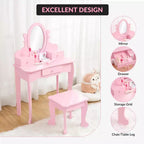 Coiffeuse Enfant avec Miroir et Tabouret, Table de Maquillage en Bois pour Filles de 4 à 9 Ans, Meuble de Chambre et Salle de Jeux pour Enfants
