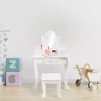 Coiffeuse Enfant avec Miroir et Tabouret, Table de Maquillage en Bois pour Filles de 4 à 9 Ans, Meuble de Chambre et Salle de Jeux pour Enfants