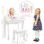 Coiffeuse Enfant avec Miroir et Tabouret, Table de Maquillage en Bois pour Filles de 4 à 9 Ans, Meuble de Chambre et Salle de Jeux pour Enfants