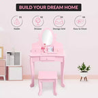 Coiffeuse Enfant avec Miroir et Tabouret, Table de Maquillage en Bois pour Filles de 4 à 9 Ans, Meuble de Chambre et Salle de Jeux pour Enfants