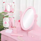 Coiffeuse Enfant avec Miroir et Tabouret, Table de Maquillage en Bois pour Filles de 4 à 9 Ans, Meuble de Chambre et Salle de Jeux pour Enfants