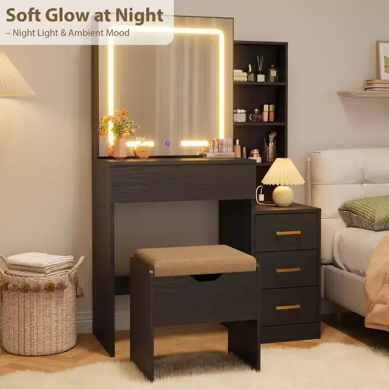 GustoWave Coiffeuse Moderne Miroir Coulissant Lumières LED 3 Couleurs Station de Charge 4 Tiroirs 7 Étagères Tabouret Rembourré