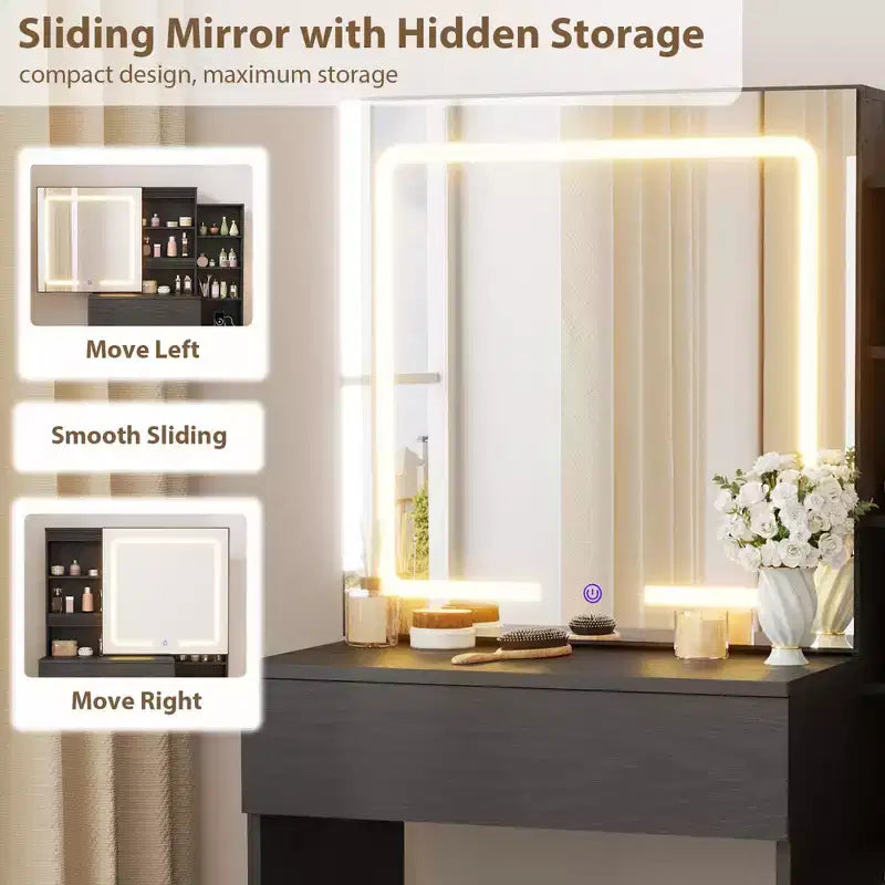 GustoWave Coiffeuse Moderne Miroir Coulissant Lumières LED 3 Couleurs Station de Charge 4 Tiroirs 7 Étagères Tabouret Rembourré