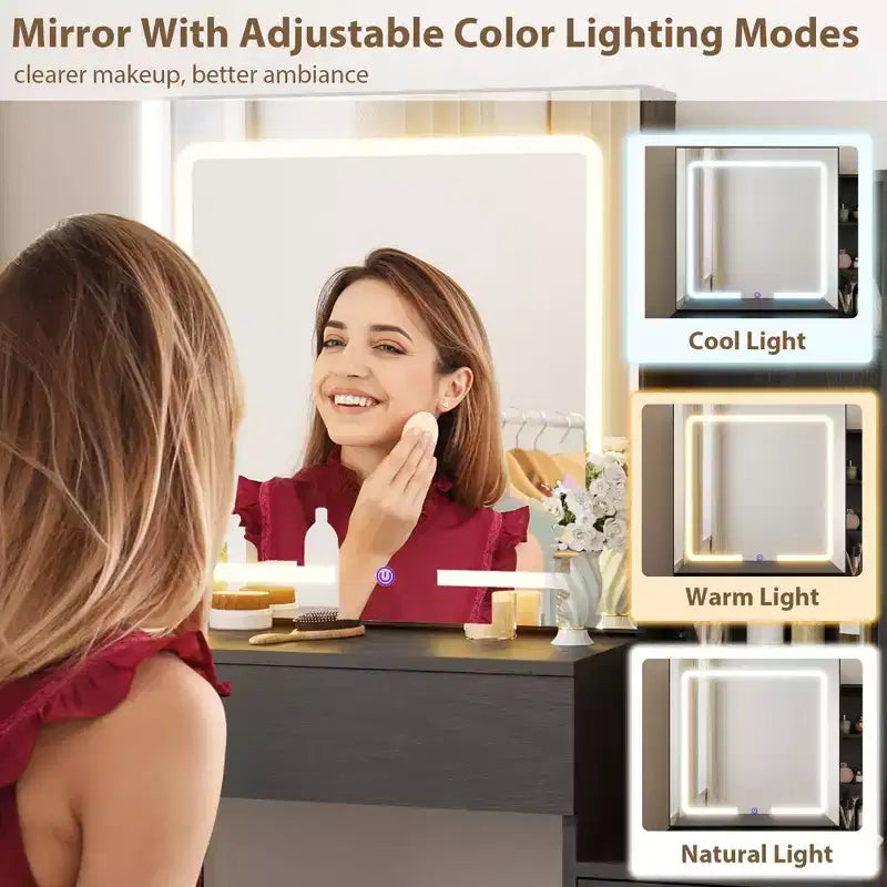 GustoWave Coiffeuse Moderne Miroir Coulissant Lumières LED 3 Couleurs Station de Charge 4 Tiroirs 7 Étagères Tabouret Rembourré