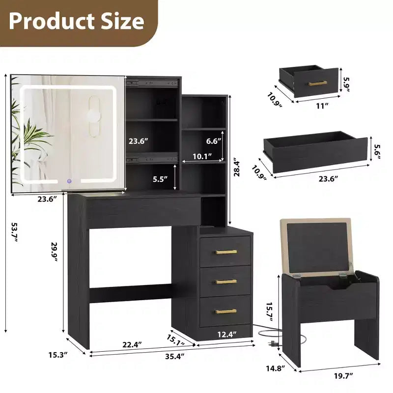 GustoWave Coiffeuse Moderne Miroir Coulissant Lumières LED 3 Couleurs Station de Charge 4 Tiroirs 7 Étagères Tabouret Rembourré