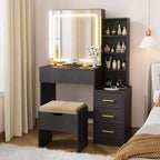 GustoWave Coiffeuse Moderne Miroir Coulissant Lumières LED 3 Couleurs Station de Charge 4 Tiroirs 7 Étagères Tabouret Rembourré