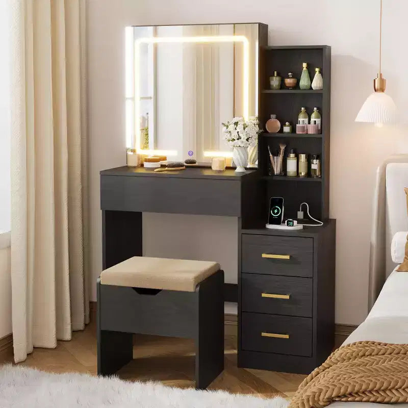 GustoWave Coiffeuse Moderne Miroir Coulissant Lumières LED 3 Couleurs Station de Charge 4 Tiroirs 7 Étagères Tabouret Rembourré