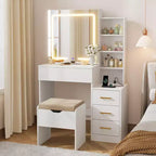 GustoWave Coiffeuse Moderne Miroir Coulissant Lumières LED 3 Couleurs Station de Charge 4 Tiroirs 7 Étagères Tabouret Rembourré