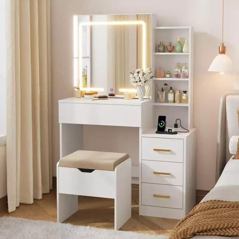 GustoWave Coiffeuse Moderne Miroir Coulissant Lumières LED 3 Couleurs Station de Charge 4 Tiroirs 7 Étagères Tabouret Rembourré
