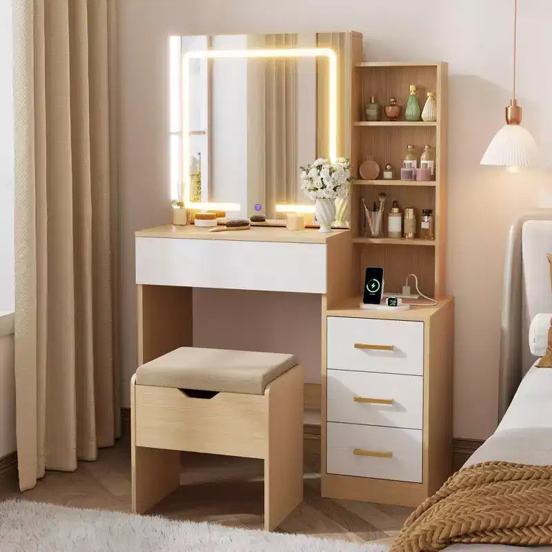 GustoWave Coiffeuse Moderne Miroir Coulissant Lumières LED 3 Couleurs Station de Charge 4 Tiroirs 7 Étagères Tabouret Rembourré