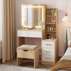GustoWave Coiffeuse Moderne Miroir Coulissant Lumières LED 3 Couleurs Station de Charge 4 Tiroirs 7 Étagères Tabouret Rembourré