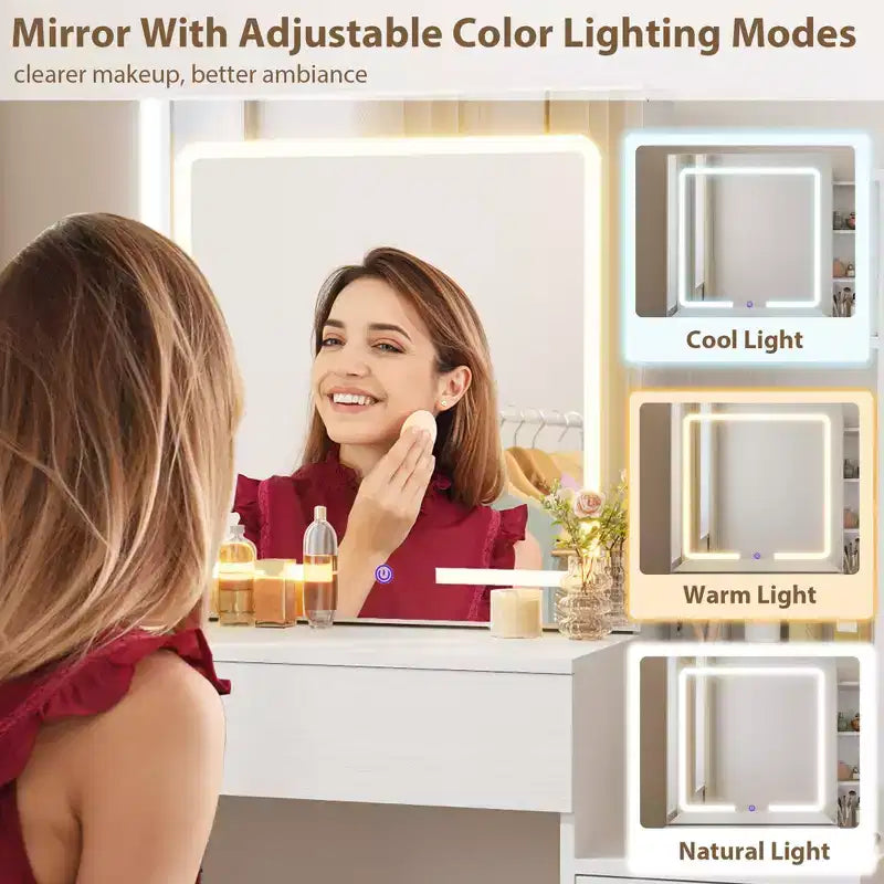 GustoWave Coiffeuse Moderne Miroir Coulissant Lumières LED 3 Couleurs Station de Charge 4 Tiroirs 7 Étagères Tabouret Rembourré