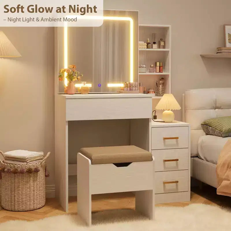 GustoWave Coiffeuse Moderne Miroir Coulissant Lumières LED 3 Couleurs Station de Charge 4 Tiroirs 7 Étagères Tabouret Rembourré