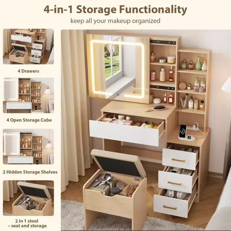 GustoWave Coiffeuse Moderne Miroir Coulissant Lumières LED 3 Couleurs Station de Charge 4 Tiroirs 7 Étagères Tabouret Rembourré