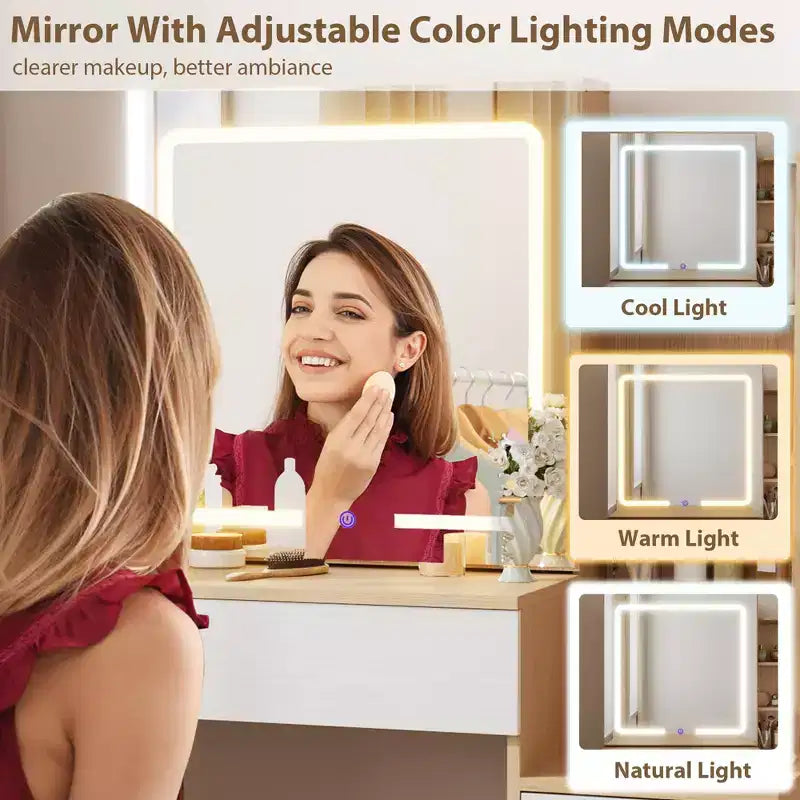 GustoWave Coiffeuse Moderne Miroir Coulissant Lumières LED 3 Couleurs Station de Charge 4 Tiroirs 7 Étagères Tabouret Rembourré