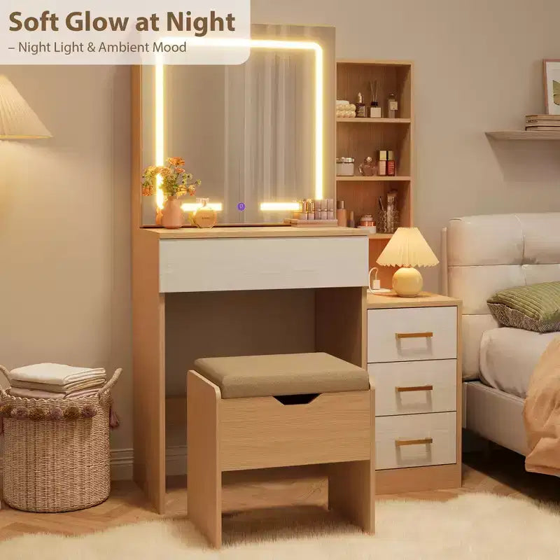 GustoWave Coiffeuse Moderne Miroir Coulissant Lumières LED 3 Couleurs Station de Charge 4 Tiroirs 7 Étagères Tabouret Rembourré