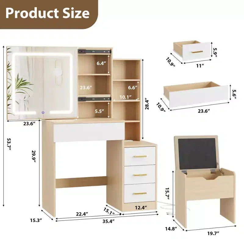 GustoWave Coiffeuse Moderne Miroir Coulissant Lumières LED 3 Couleurs Station de Charge 4 Tiroirs 7 Étagères Tabouret Rembourré