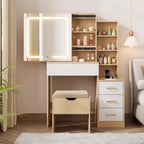 GustoWave Modern Vanity Desk Sliding Mirror 3-Color LED Lights Charging Station 4 Drawers 7 Shelves Cushioned Stool