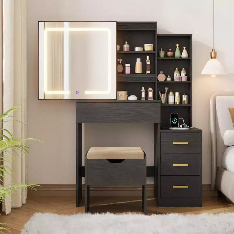 GustoWave Coiffeuse Moderne Miroir Coulissant Lumières LED 3 Couleurs Station de Charge 4 Tiroirs 7 Étagères Tabouret Rembourré