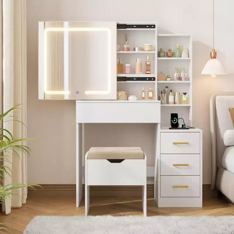 GustoWave Coiffeuse Moderne Miroir Coulissant Lumières LED 3 Couleurs Station de Charge 4 Tiroirs 7 Étagères Tabouret Rembourré