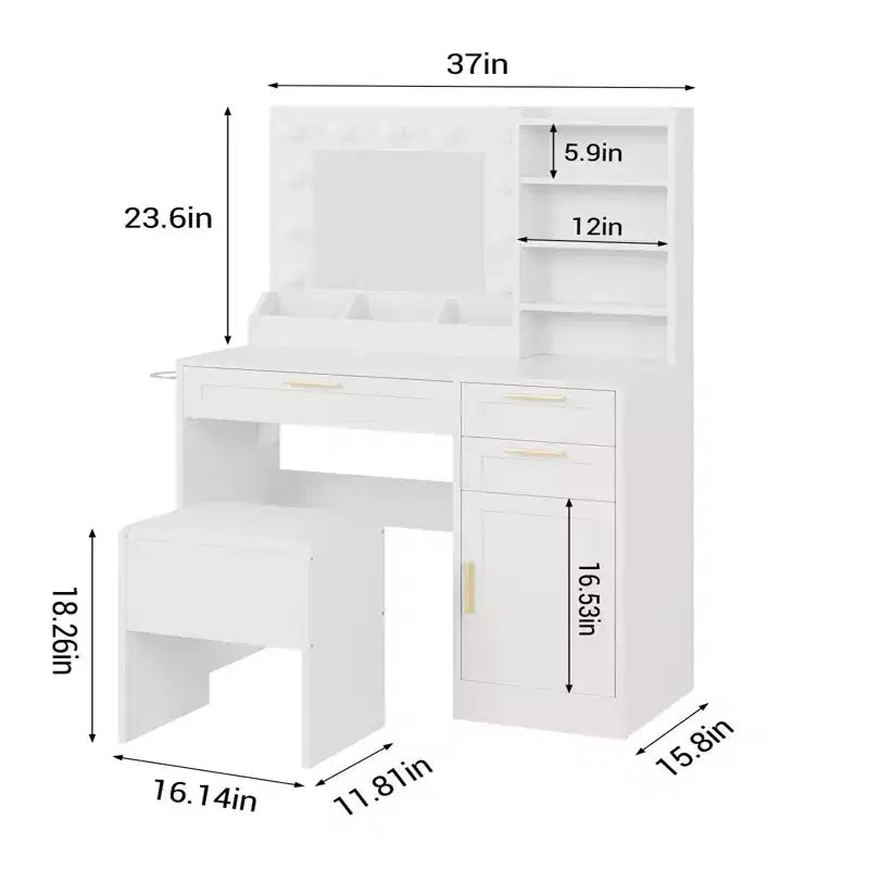 Coiffeuse GustoWave avec miroir et lumières, Coiffeuse de maquillage, Coiffeuse de maquillage avec tabouret, Luminosité réglable 3 couleurs, Prises de courant, Table de toilette