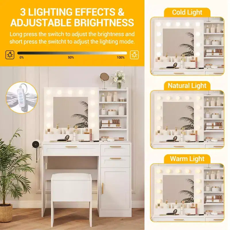 Coiffeuse GustoWave avec miroir et lumières, Coiffeuse de maquillage, Coiffeuse de maquillage avec tabouret, Luminosité réglable 3 couleurs, Prises de courant, Table de toilette