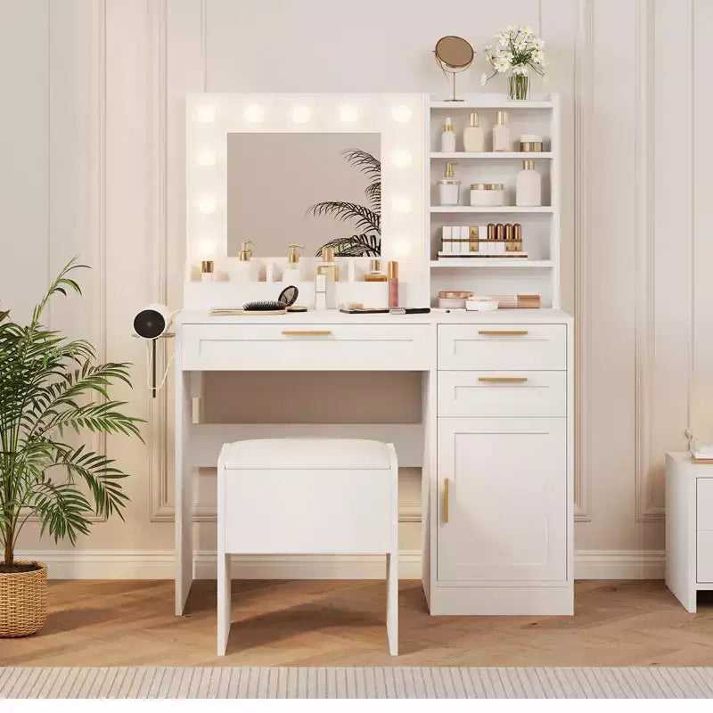Coiffeuse GustoWave avec miroir et lumières, Coiffeuse de maquillage, Coiffeuse de maquillage avec tabouret, Luminosité réglable 3 couleurs, Prises de courant, Table de toilette