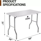 Table de travail commerciale 60 pouces, poste de travail, table pliante en acier inoxydable avec pied de réglage en métal