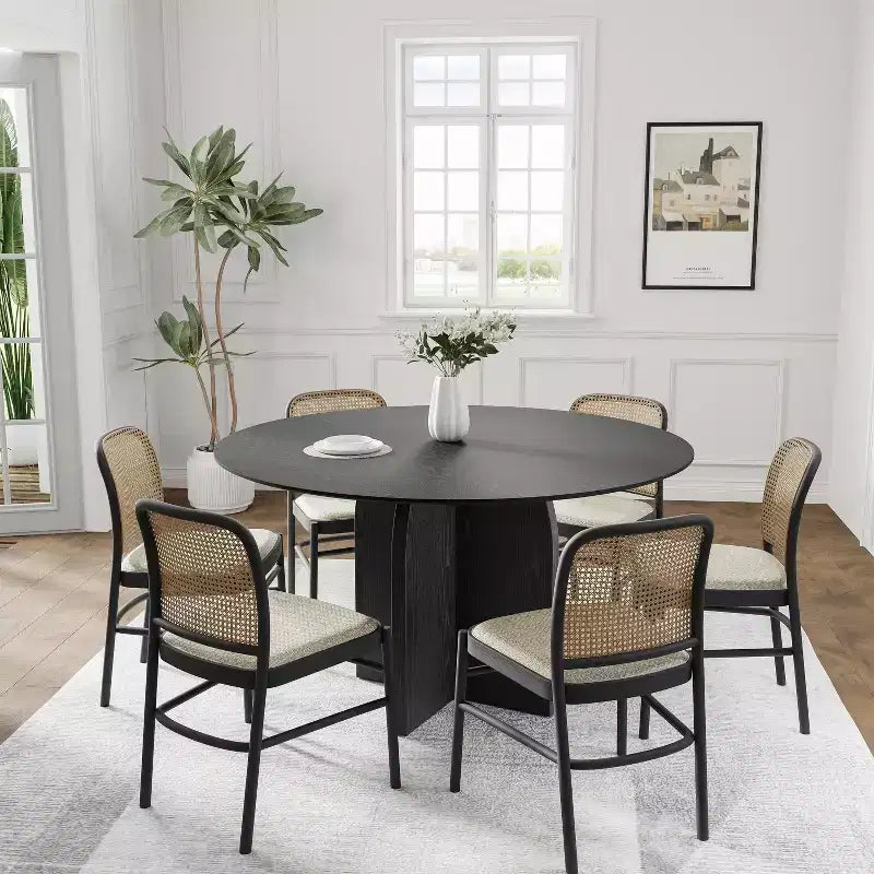 PexFix Table à manger ronde 132 x 132 cm en bois massif avec finition noire et pieds arqués élégants pour salles à manger et cuisines modernes