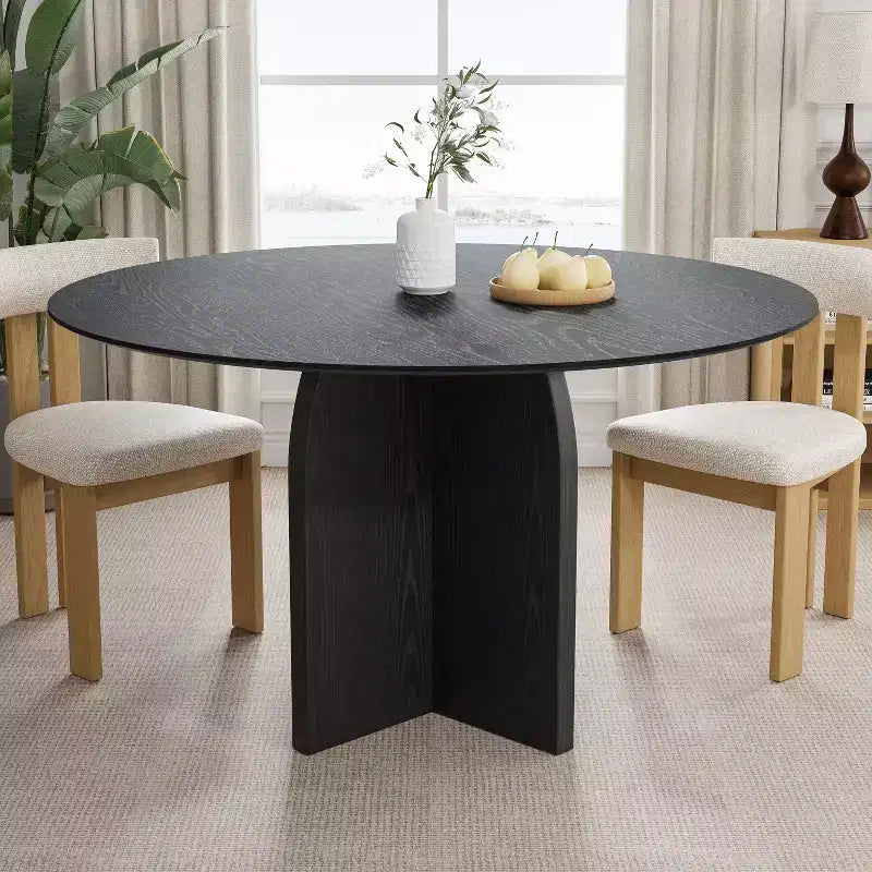 PexFix Table à manger ronde 132 x 132 cm en bois massif avec finition noire et pieds arqués élégants pour salles à manger et cuisines modernes