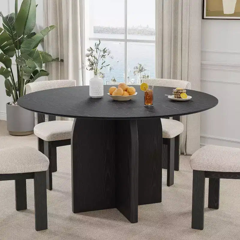 PexFix Table à manger ronde 132 x 132 cm en bois massif avec finition noire et pieds arqués élégants pour salles à manger et cuisines modernes