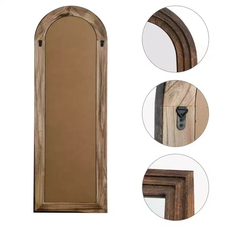 Miroir mural intégral en bois massif coudé et arqué 64x21 pouces, finition charbon de bois cuit (sans support), acier trempé