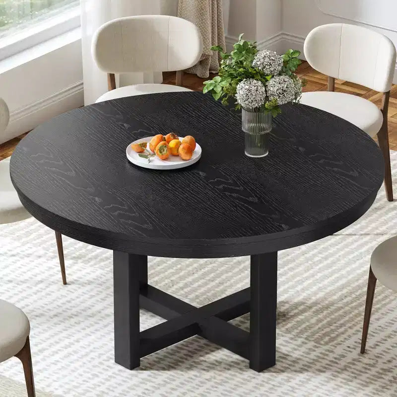 PexFix 45 x 45 Table de salle à manger de ferme en bois massif plateau rond texturé en bois avec base en X croisé pour salles à manger modernes et réunions de famille Noir