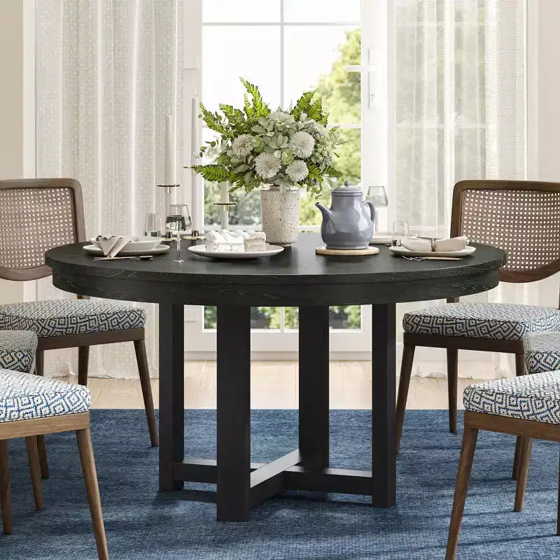 PexFix 45 x 45 Table de salle à manger de ferme en bois massif plateau rond texturé en bois avec base en X croisé pour salles à manger modernes et réunions de famille Noir