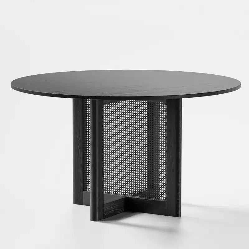 PexFix Table de salle à manger et de cuisine de ferme 132 x 132 cm, table de cuisine ronde noire avec pieds en rotin tressé pour cuisine, bar, salon