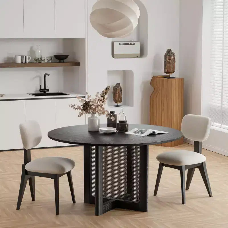 PexFix Table de salle à manger et de cuisine de ferme 132 x 132 cm, table de cuisine ronde noire avec pieds en rotin tressé pour cuisine, bar, salon